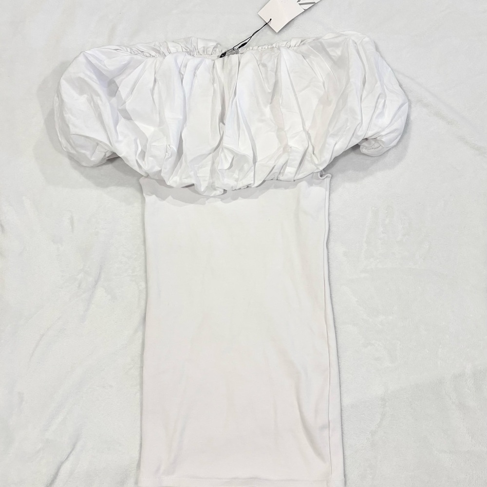(BNWT) Zara White Off the Shoulder Puffy Mini Dress - Picture 4 of 5
